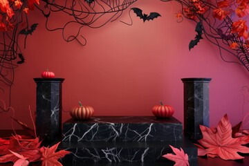 Elegant Halloween Display with Pumpkins and Decorative Bats