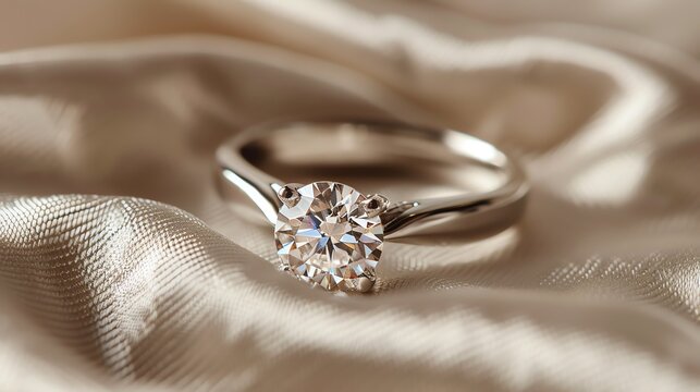 Exquisitely crafted engagement ring with a large round diamond solitaire set in a white gold band, resting on a luxurious cream silk fabric. - Powered by Adobe