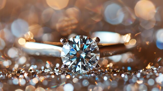 Close-up of a beautiful diamond ring on a sparkling background. The ring is made of white gold and has a round diamond in the center.