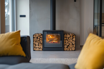 Fireplace inside minimalistic house with modern living room. Warm cozy living room with wood burner stove with burning flame behind a glass door	