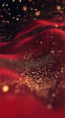 Festive Red Abstract Background with Golden Confetti and Ribbons: Dynamic 3D Design for Celebratory Marketing. AI-Generated Luxury Poster Elements with Flowing Curves and Copy Space. Versatile Backdro