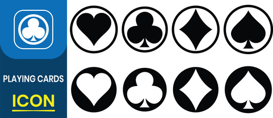 Playing cards icon. Spade, diamond, heart and club card symbol and sign. Casino Poker and gambling. Vector illustration.