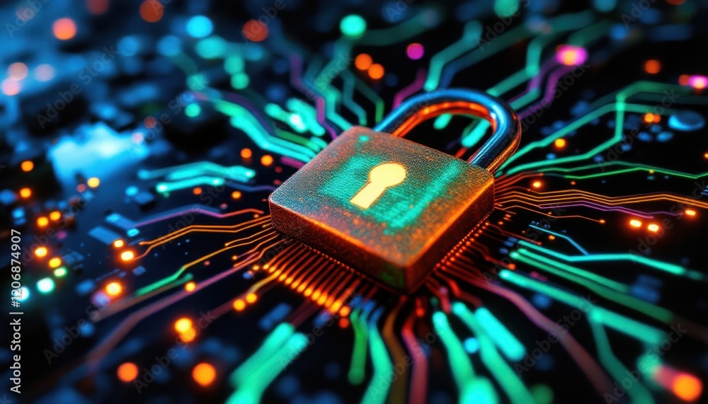 Poster secure digital network technology with illuminated lock on circuit board