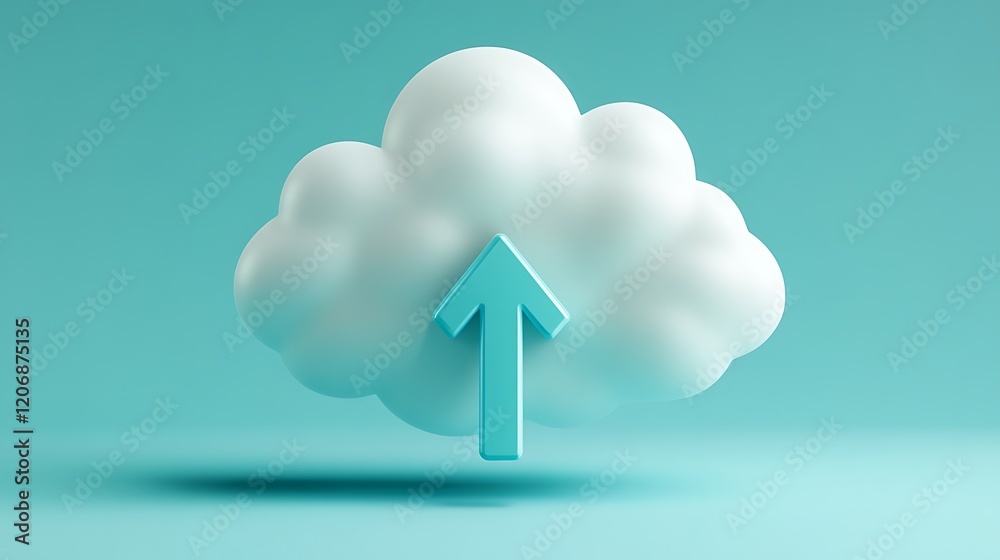 Poster cloud upload icon with arrow on soft blue background for digital technology and data transfer concep