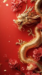 Fototapeta premium Golden dragon intertwined with vibrant flowers on a bold red background, symbolizing prosperity and good fortune in traditional culture