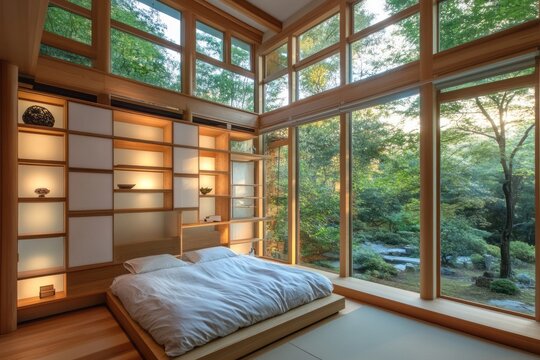 Serene bedroom with expansive windows and wooden built ins