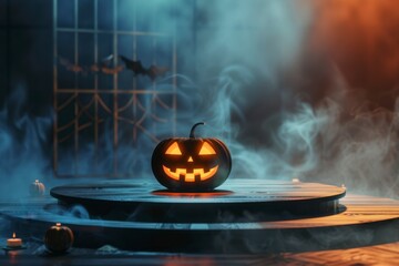 Spooky Halloween Pumpkin on Round Stage Surrounded by Mystical Fog