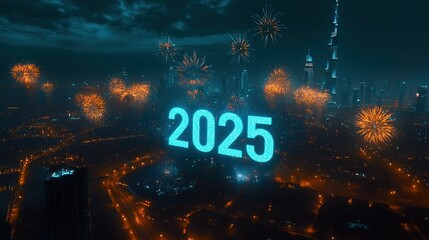 Futuristic Cityscape with Sparkling "2025" Fireworks: Abstract New Year Celebration Background. AI-Generated Creative Design for Lunar New Year of the Snake. Blue-Toned Urban Skyline for Festive Marke