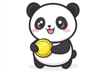 Cute and Playful Cartoon Panda Holding a Gold Coin, Cheerful Expression with Bright Eyes and Adorable Features in a Fun and Colorful Design