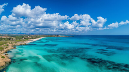 Obraz premium A stunning summer scene where the azure ocean meets the clear blue sky, creating an endless expanse of water under radiant sunlight. White fluffy clouds float gracefully above, enhancing the serene 