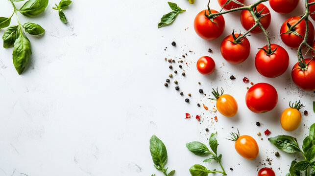 Tomates rouges fra&icirc;ches, feuilles de basilic vert et &eacute;pices dispers&eacute;es dispos&eacute;es sur un fond blanc