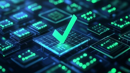 Fototapeta premium Digital Checkmark Symbol on Circuit Board Background Representing Success and Data Validation in Technology