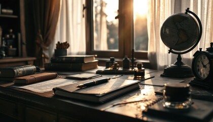 Obraz premium Vintage study room with books, globe, and sunlit window