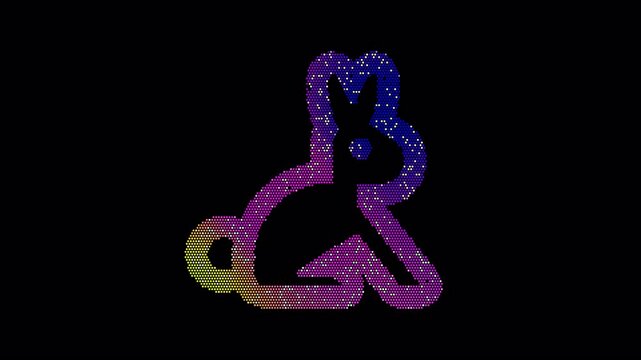 Icon rabbit is made up of LED square shapes that shimmer and flicker. There are black dead diodes. In-Out looped. Alpha BW at the end