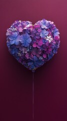 Fototapeta premium Vibrant floral heart balloon floating against a rich purple backdrop, radiating love and joy at a romantic celebration