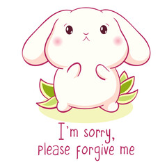 Apologize card with sad little bunny. Inscription I'm sorry, please forgive me. Cute baby rabbit apologize. Can be used from t-shirt print, card, poster. Vector illustration EPS8 