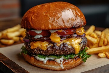 Juicy Cheeseburger with Melted Cheese and Crispy Fries