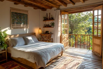 A cozy guesthouse bedroom with a comfortable double bed, rustic wooden furniture, soft lighting, and a balcony overlooking a scenic countryside © patchiya