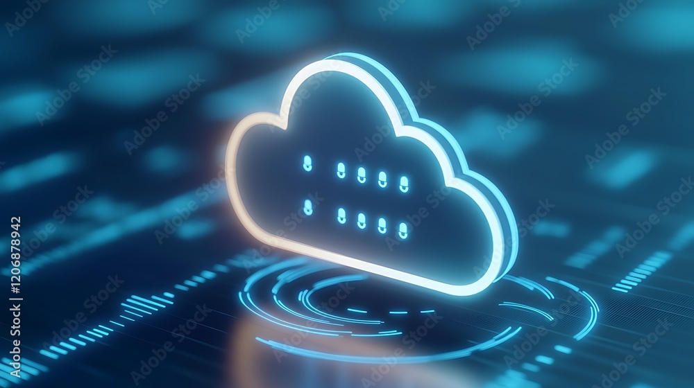 Poster digital cloud icon glowing on high-tech background with data visualizations and futuristic technolog