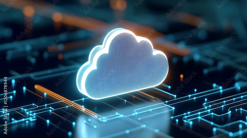 Poster digital cloud icon glowing in a high-tech environment with circuit patterns and data flow connection