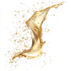 A wave of champagne forming a delicate breeze, sparkling in mid-air, on a pure white backdrop