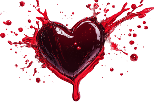 blood drops forming a heart shape as they splash, isolated on a pristine white background