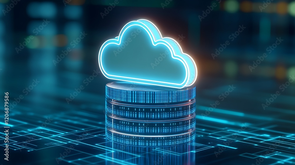 Poster digital cloud icon on top of data stack representing cloud computing and data storage solutions