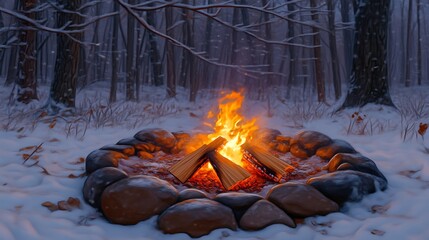 Winter Campfire In A Snowy Forest