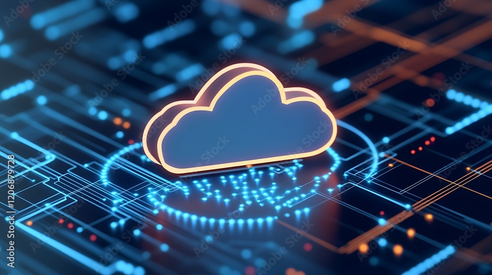 Poster digital cloud icon over abstract technology background representing cloud computing and data storage