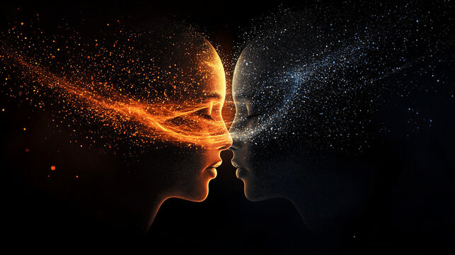 A conceptual artistic piece showing the dual nature of light, with one half as a wave and the other half as particles, surrounded by dark space, symbolizing wave-particle duality.