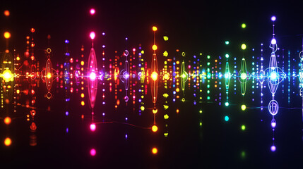Obraz premium A minimalist design of quantum logic gates, represented by colorful abstract shapes connected by luminous lines in a dark background, symbolizing quantum computing processes.