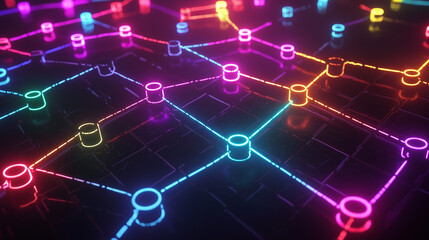 Fototapeta premium A minimalist design of quantum logic gates, represented by colorful abstract shapes connected by luminous lines in a dark background, symbolizing quantum computing processes.