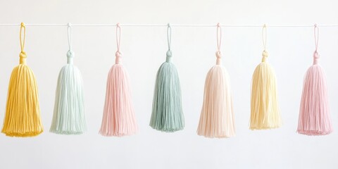 A row of colorful tassels hanging from a line