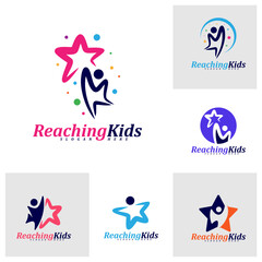 Set of Child reaching stars logo design concept vector. Reaching Stars Logo Design Template. Dream star logo. Creative Symbol. Icon