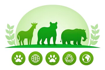 National Endangered Species Day Poster with green silhouettes of wild animals icon vector. Wild animals silhouette set. Environmenta icon vector. Group of animals icon. Important day