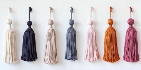 A row of tassels of different colors and sizes