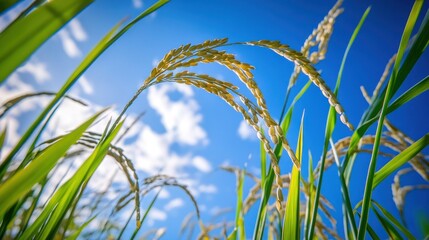 Fototapeta premium Golden Rice Stalks Against a Blue Sky