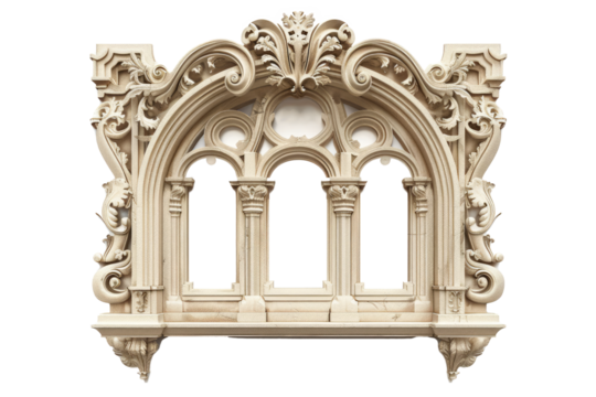 A whimsical and fantastical of a window frame with intricate carvings and delicate details