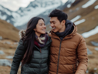 Fototapeta premium Adventurous Couple Hiking Through Scenic Mountain Landscape with Backpacks on a Summer Day