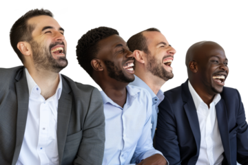 A group of diverse young businessmen in casual business attire, laughing together, white background.