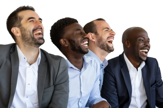 A group of diverse young businessmen in casual business attire, laughing together, white background.