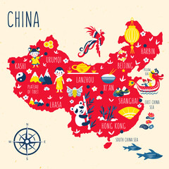 Chine map cartoon vector, Chinese country geographic banner template, colorful illustration, Asian adventure, decorative travel card, sign attraction for design touristic poster, animal background