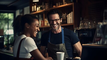 Friendly interaction between barista and customer in a cozy cafe setting in the afternoon