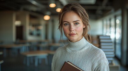Confident young woman in cozy sweater holding book in modern library setting