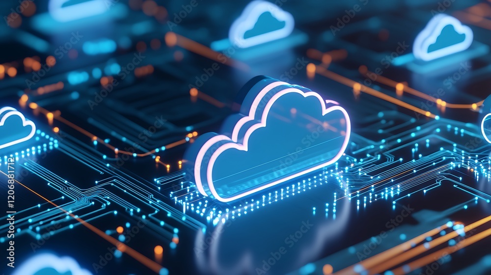 Poster digital cloud network technology with neon glow over circuit board design in abstract visual concept