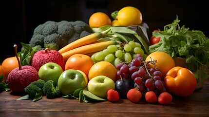 Fresh assortment of colorful fruits and vegetables arranged on a rustic wooden table