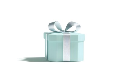 Obraz premium Light blue gift box, silver ribbon, white background, studio shot, e-commerce