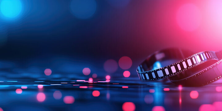 Movie film strip with blue pink bokeh lights. Cinema entertainment advertising