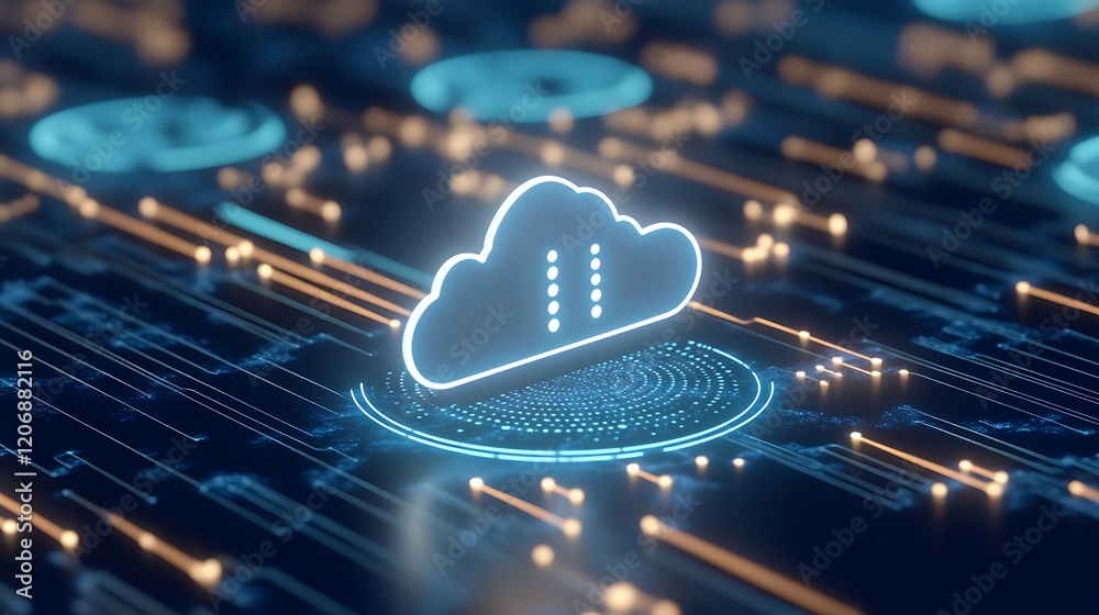 Poster digital cloud storage concept with abstract data flow and network connections in futuristic style