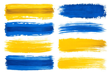 Set of blue and yellow brush strokes. Isolated, on transparent background. PNG